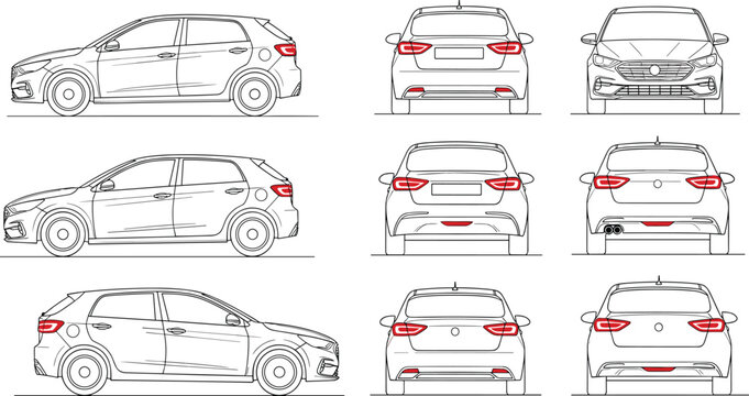 Modern Hatchback Car Vector Template Set Featuring Technical Line Art Blueprints with Front, Side, and Rear View Outlines for Automotive Branding and Mockups