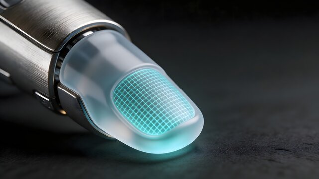 Bionic titanium robotic fingertip with glowing cyan tactile pressure sensors