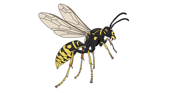 Dynamic cartoon-style vector illustration of a wasp in flight, showcasing its distinctive yellow and black stripes, delicate wings, and slender body.