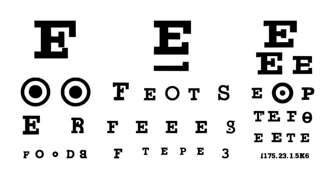 Ophthalmology eye exam chart set with solid black icon against white background featuring eye chart, visual diagram, clinical symbols with medical and visual