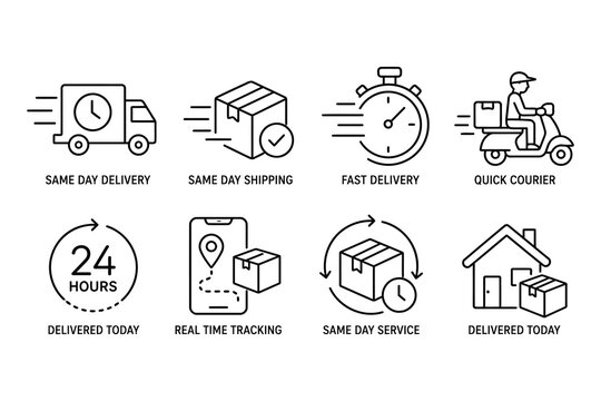 Eight black and white delivery service icons set with labels