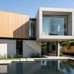 Fototapeta premium Ultra-Modern Architectural Marvel: Futuristic Luxury Villa Design with Curvilinear Concrete Structures, Expansive Infinity Pool, Integrated Tropical Palm Tree Landscaping, and Seamless Indoor-Outdoor 