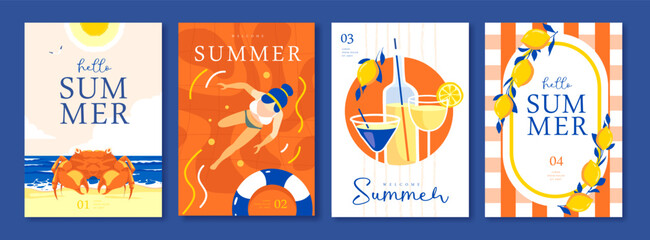 Naklejka premium Set of summer Italian posters or covers with lemonade, lemons, cocktails, crab, swimming woman and striped tablecloth. Vector illustration
