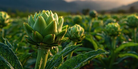 Fototapeta premium Artichoke plants with ripe purplish flower heads growing in the agricultural field ready to harvest. Close-up farm with artichoke plants. Natural growth and organic farming practices. Golden sunlight