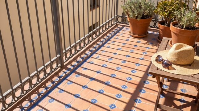 Balcony with tiled floor and long railing shadows in sunlight. Straw hat and sunglasses on wooden chair near potted plants. Modern summer holiday atmosphere and exterior design.