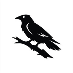 Fototapeta premium Black Silhouette of Raven Perched on Branch in Minimalist Gothic Style Illustration