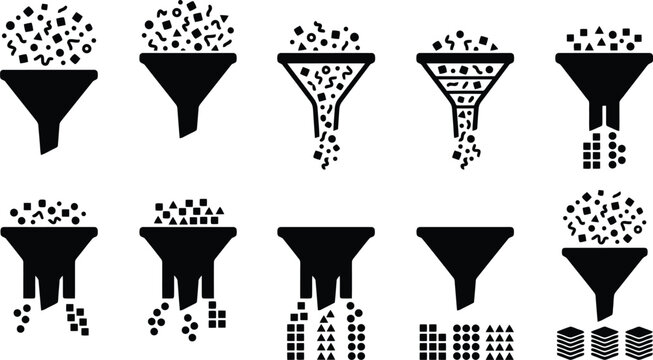 Minimalist data funnel icons set, black vector filtration symbols for business analytics, marketing conversion funnel collection for infographics
