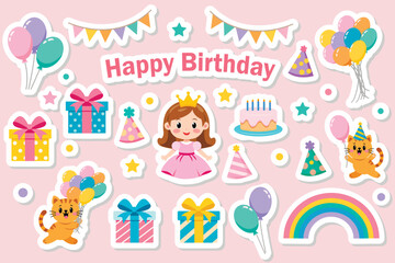 Fototapeta premium A set of cute cartoon-style birthday-themed stickers for girls