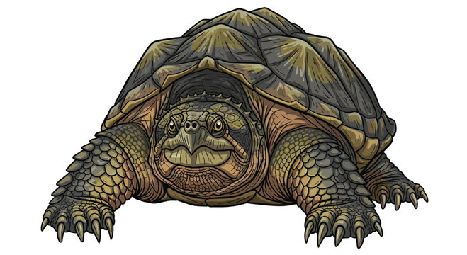 Highly detailed digital illustration of an alligator snapping turtle, showcasing its rugged shell, powerful jaws, and ancient, formidable appearance.