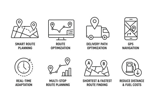 Flat vector icons showing logistics route planning and optimization features