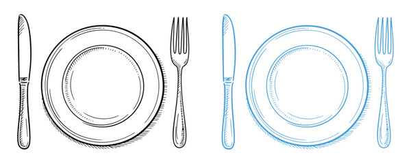 Dining utensils and plates in black and blue on white background © Rafi GFX