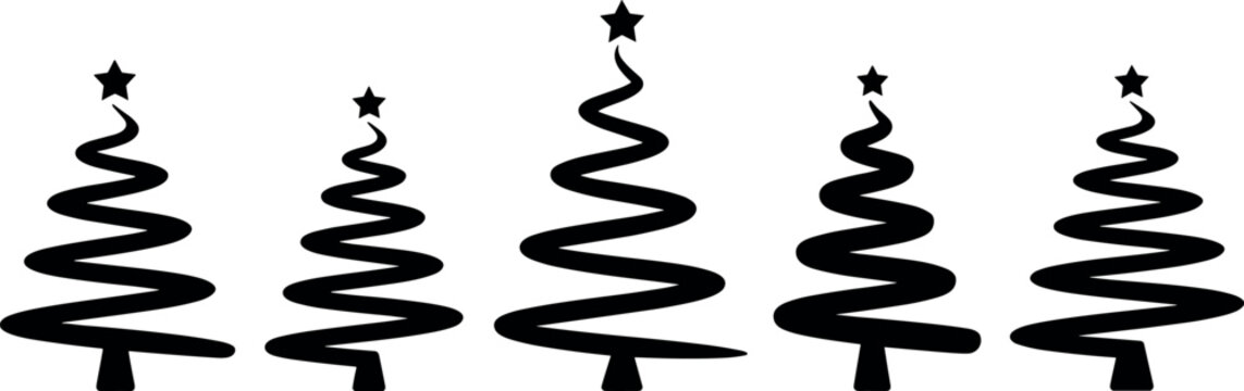 Set of five hand-drawn black and white Christmas trees with spiral trunks and star toppers