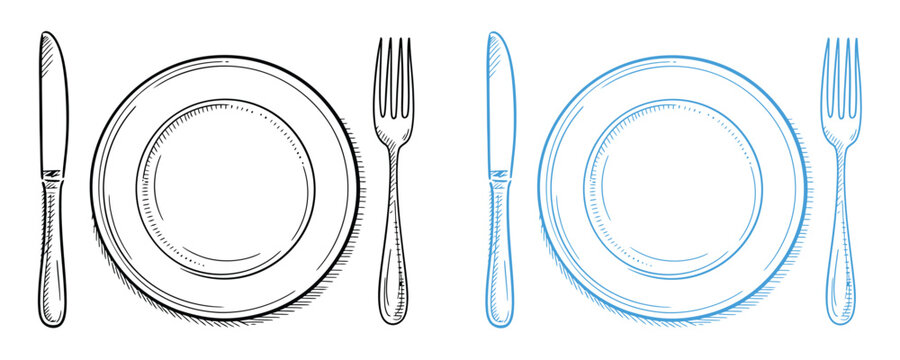 Dining utensils and plates in black and blue on white background