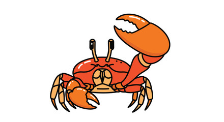 Fototapeta premium Vibrant cartoon-style illustration of a red crab with one large claw raised, showcasing its detailed shell and lively expression on a white background.