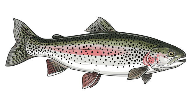 Detailed digital illustration of a rainbow trout fish, highlighting its distinctive spotted skin, colorful stripe, and streamlined body, a popular game fish.
