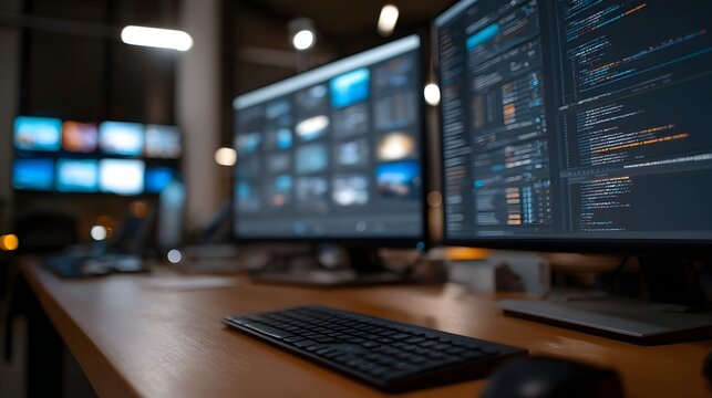 A technical workspace featuring multiple monitors displaying complex lines of code and data streams