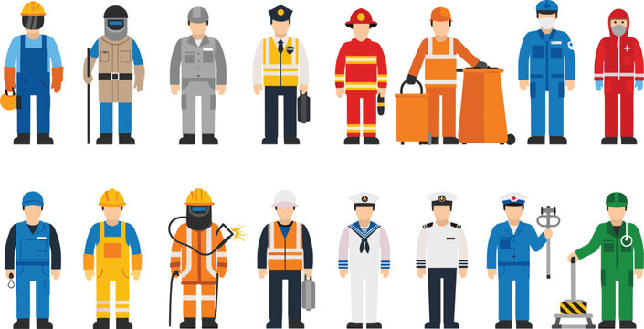 Professional Worker Character Set with Construction, Police, Firefighter, Engineer, Sailor, and Service Occupations for Industry, Workforce, and Career Illustration Design
