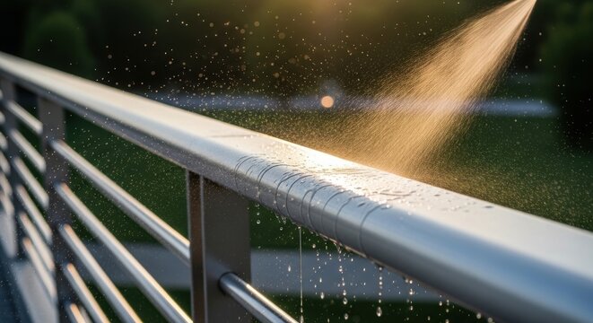 Cleaning fluid misted onto a metal railing outdoors, creating sparkling water droplets and reflecting sunlight