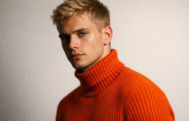 Obraz premium Man in Orange Turtleneck Sweater — Modern Studio Portrait Highlighting Minimalist Style and Warm Color Contrast