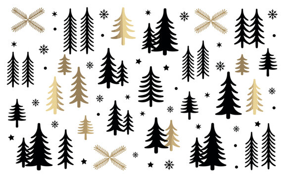 Hand-drawn forest of evergreen trees with golden stars and snowflakes winter holiday background