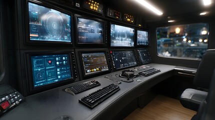 Naklejka premium A detailed view of a sophisticated control console featuring multiple glowing screens and sophisticated data interfaces in a futuristic command