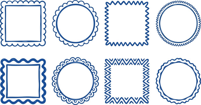 Minimalist blue linear border set featuring hand-drawn scalloped square and circular frames