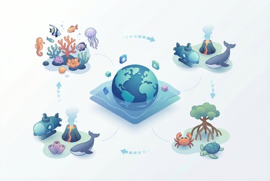 Exploring Planet Earth in a Multilevel Ecosystem Interconnection Illustration Featuring Marine Life, Submersibles, and Natural Elements Expressing Environmental Synergy