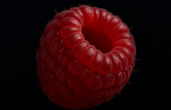 Close‑Up of Bright Red Raspberry Against Dark Background, Detailed Drupelets Forming Hollow Center, Glossy Surface Highlighted by Lighting, Striking Texture and Vibrant Color Emphasizing
