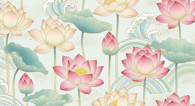 watercolor lotus flowers seamless pattern on vintage paper background for art and design