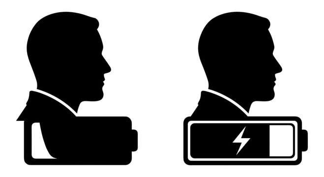 Contrast between a regular and a recharged human battery silhouette profile Vector, illustration