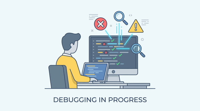 Software Development Debugging Process in Progress with Programmer at Computer
