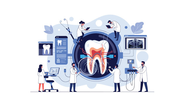 Large dental health team of dentists and specialists working together around a cross section of a human tooth for treatment.