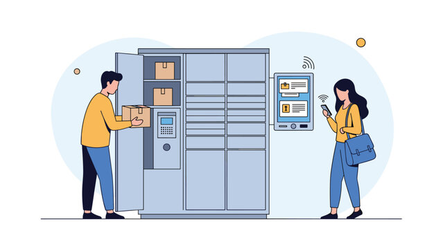Two people use a mobile application on their smartphones to interact with a smart parcel locker system for secure package delivery.