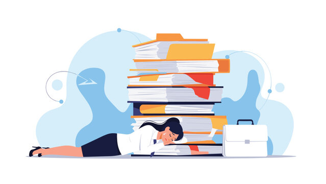 Overwhelmed businesswoman lying flat on the floor under a massive stack of paperwork representing work exhaustion, stress, and career burnout.