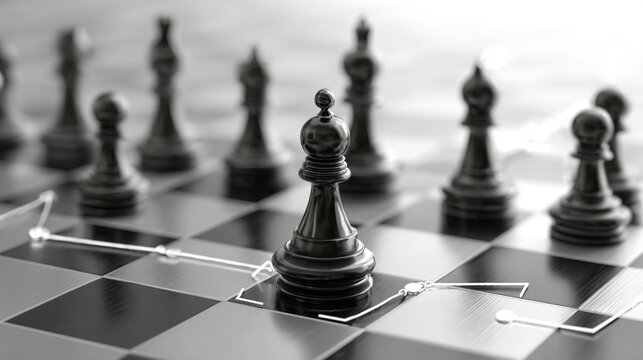 A close-up view of a black chess piece positioned on a chessboard, representing strategy, competition, and critical thinking in a game of chess.