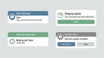 Obraz premium Diverse Digital UI Notification Boxes Displaying Messages, Alerts, Calendar Reminders, and Delivery Updates