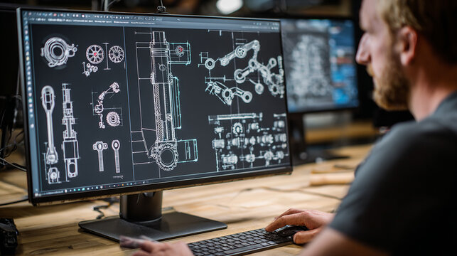 A focused engineer analyzes intricate technical drawings on a modern computer screen, showcasing detailed designs and specifications in a high-tech workspace.