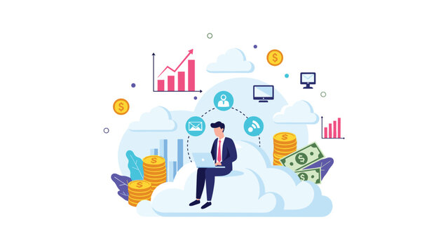 Professional man working on a laptop while sitting on a soft cloud surrounded by digital financial icons representing cloud computing tech.