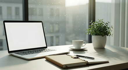 Fototapeta premium Modern workspace setup with laptop coffee and notebook