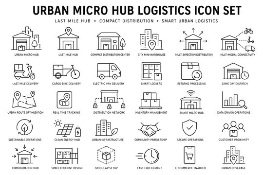 Urban micro hub logistics flat icon set for smart city delivery services