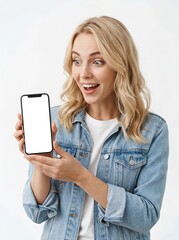 Fototapeta premium Young woman showing a blank smartphone screen with an amazed expression for product advertisement
