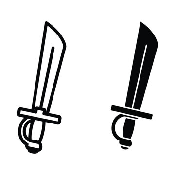 Set of pirate sword icons, vector illustration of a cutlass or saber in outline and solid black style