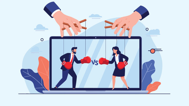 Corporate competition concept showing giant hands controlling business people as puppets in a boxing match on laptop screen.