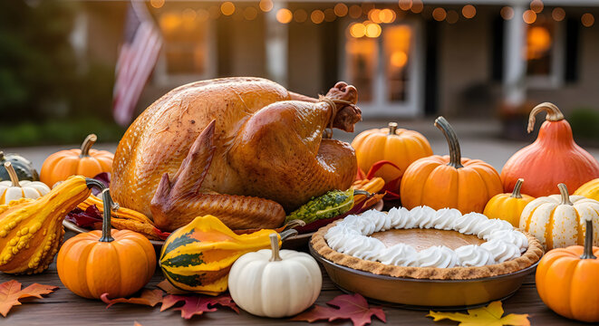 Festive fall harvest table with roasted turkey celebrating flag day with autumn bounty