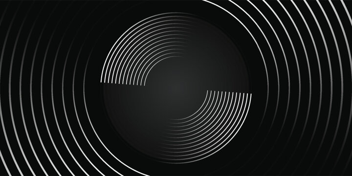 3D silver lines techno abstract background on dark space with glowing circles effect decoration. Modern graphic design element stripes style concept for web, flyer, card, or brochure cover