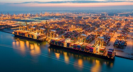 Fototapeta premium Aerial view of a large container ship and cargo terminal at dusk, illuminated by numerous lights