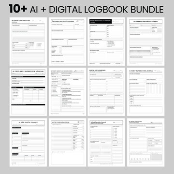 AI and Digital Logbook Bundle Vector Illustration Printable Set of 10 Plus Tracker Sheets for Prompts Results and Performance