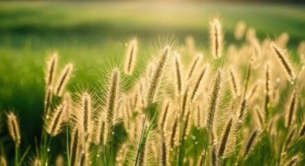 Fototapeta premium Wild Pennisetum Grass Ears in a Meadow at Sunset; Concept for Nature Beauty, Autumn Landscape, Golden Hour, Rural Serenity, and Growth in Natural Sunlight.