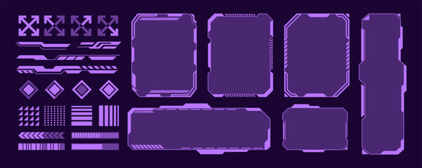 HUD frame. Digital game graphic. Futuristic tech. Sci-fi cyberpunk border. Space technology virtual panel. Techno element interface, digital UI. Vector garish dashboard isolated illustration set © Natalia
