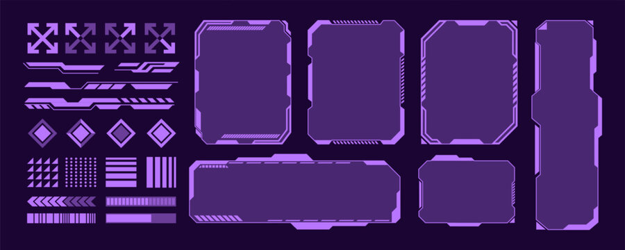 HUD frame. Digital game graphic. Futuristic tech. Sci-fi cyberpunk border. Space technology virtual panel. Techno element interface, digital UI. Vector garish dashboard isolated illustration set